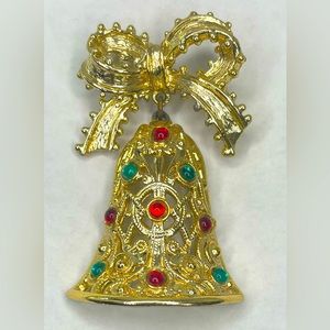 Vintage Tancer II Holiday Bell with Bow and Rhinestones Brooch
